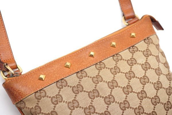 1円～ グッチ ショルダーバッグ スクエア スタッズ ロゴ GGキャンバス レザー 茶 ブラウン 良品 GUCCI 9307h_画像7