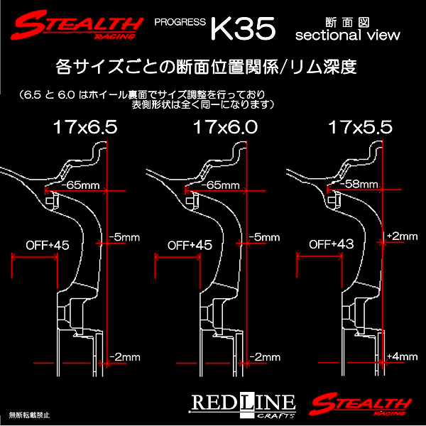 ■ ステルスレーシング K35 ■ 改造軽四用17in　前後幅広6.5J ホイール4本セット　人気スーパーディープリム!!_画像4