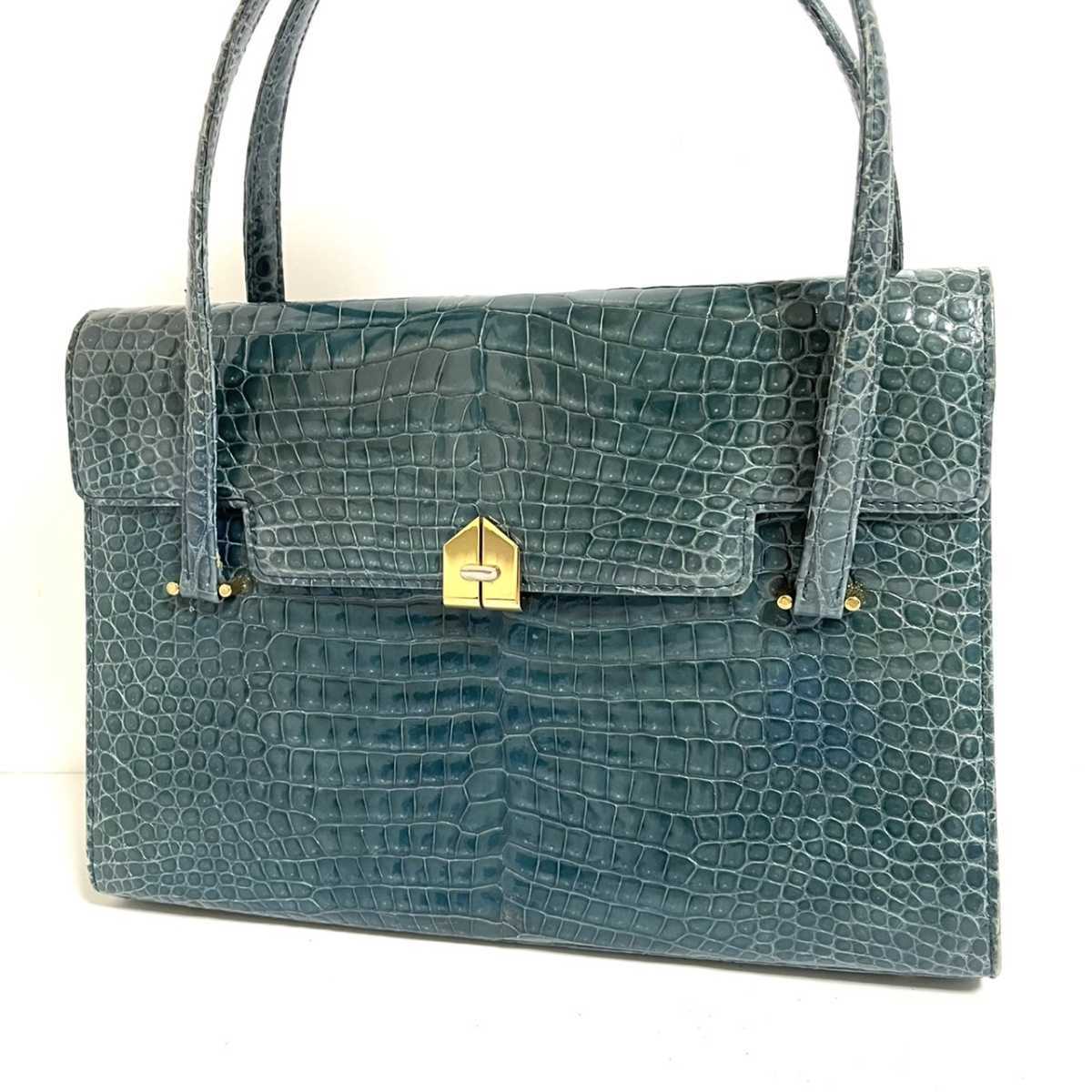 美品 クロコダイル シャイニング加工 ゴールド金具 ハンドバッグ