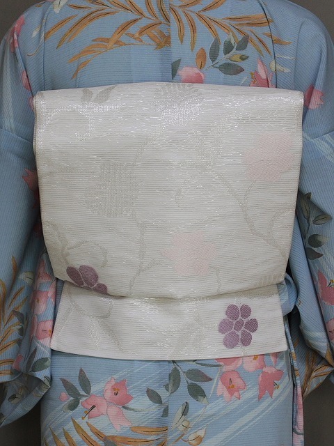 夏用絽名古屋帯 H0617-01 送料無料 日本製 白色の帯　お仕立て済　絹交織　西陣織
