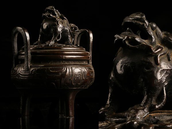 【流】古美術品 古銅獅子摘饕餮紋香炉 箱付 DC794