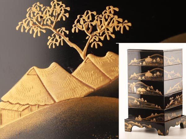 流】木製漆器 黒塗本金蒔絵 風景画五段重箱 重台付 箱付 DC804 cnema.fr