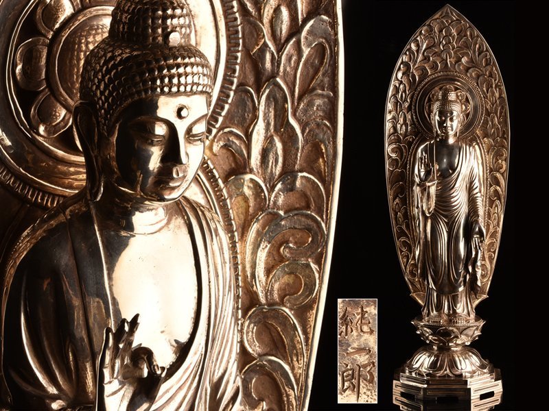 【流】仏教美術 純一郎作 銀製特大阿弥陀如来像 高さ82cm 重量13.5kg 共箱 TD780_画像1