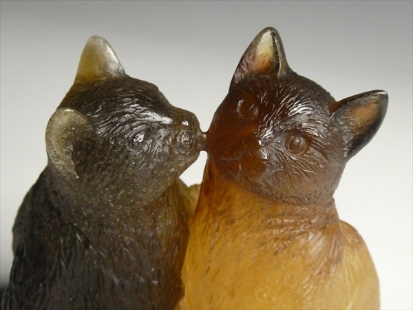 n387 Daum ドーム クリスタル パート・ド・ヴェール 2匹の猫 キャット