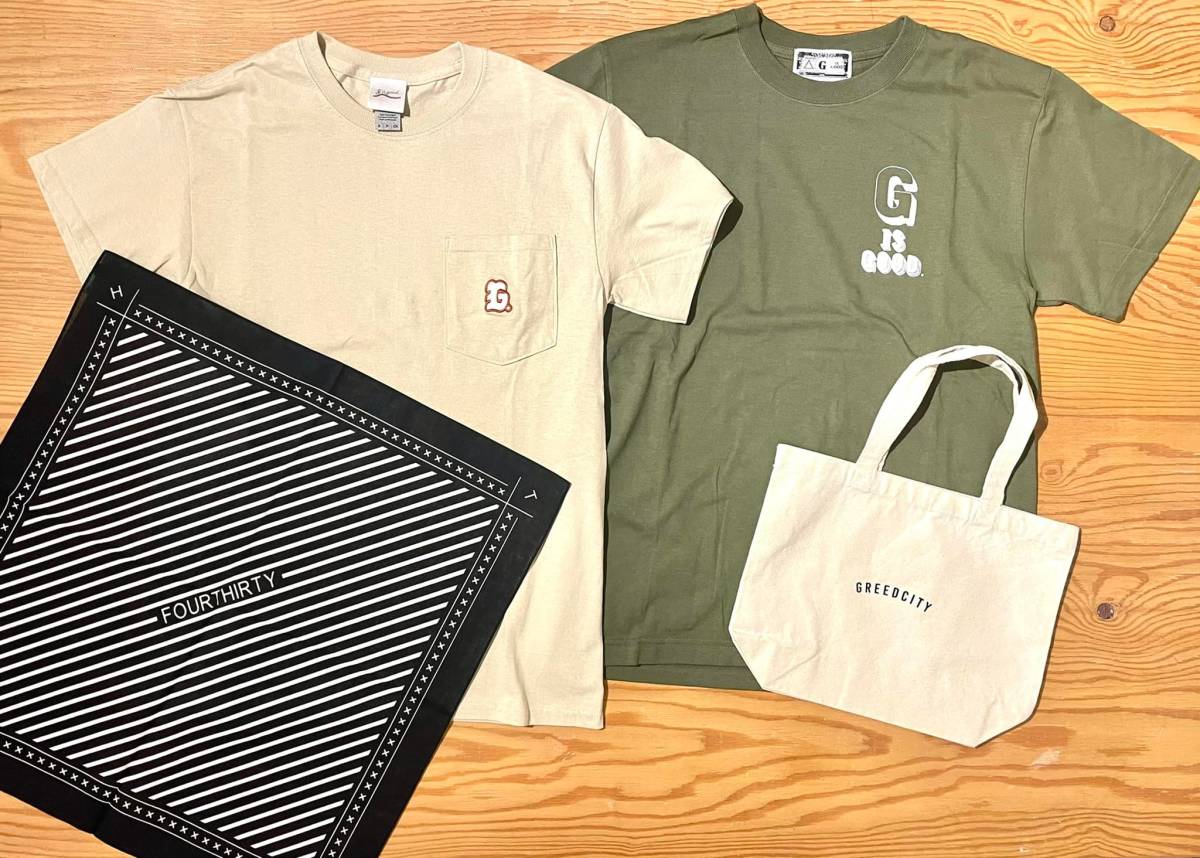 【新品4点セット】Gisgood GロゴTシャツ(SAND/S),シンプルTシャツ(KHAKI/M),ミニトート,430バンダナ_画像1