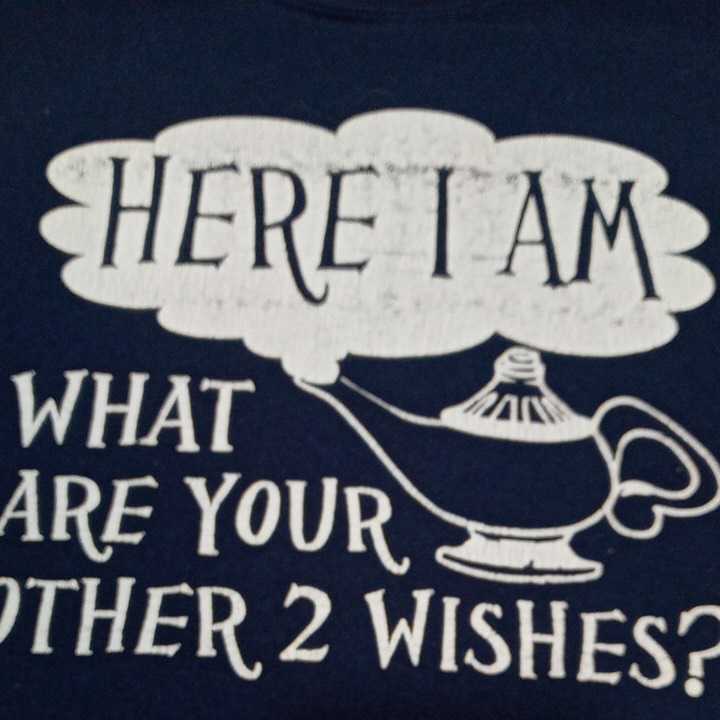 zcl-03t♪アメリカ古着HERE I AM WHAT ARE YOUR OTHER 2 WISHES Tシャツ USサイズ－XL ネイビー_画像6