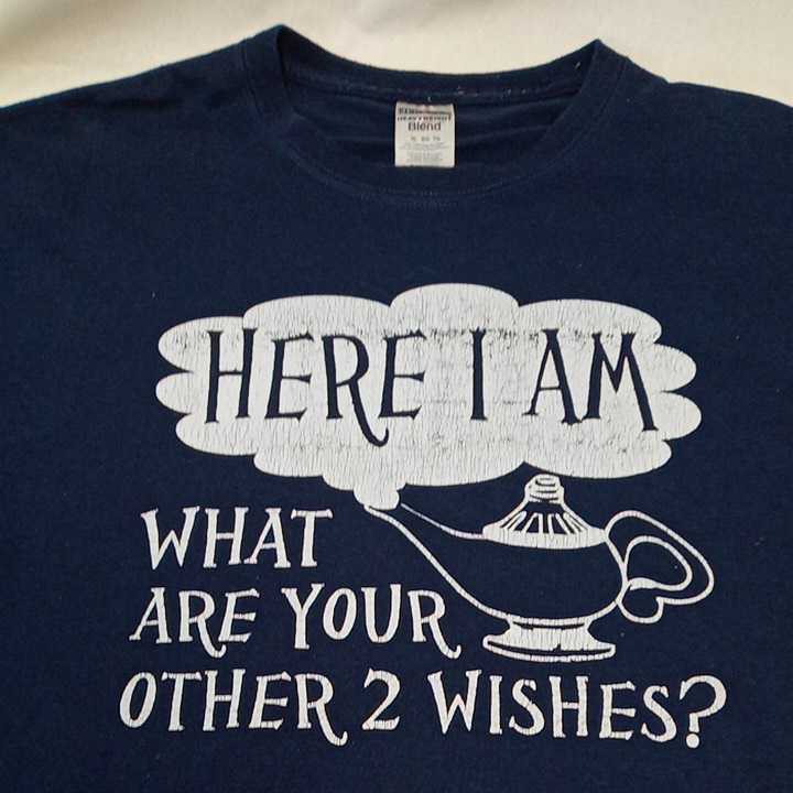 zcl-03t♪アメリカ古着HERE I AM WHAT ARE YOUR OTHER 2 WISHES Tシャツ USサイズ－XL ネイビー_画像4