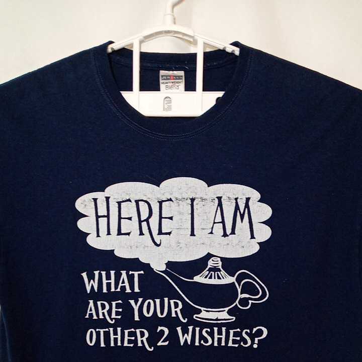 zcl-03t♪アメリカ古着HERE I AM WHAT ARE YOUR OTHER 2 WISHES Tシャツ USサイズ－XL ネイビー_画像2
