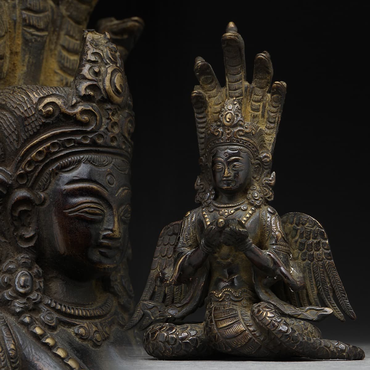 ED611 インド ヒンドゥー教 銅製「ナーガラージャ像/蛇女神」高15cm 重921g・銅蛇神 置物 1