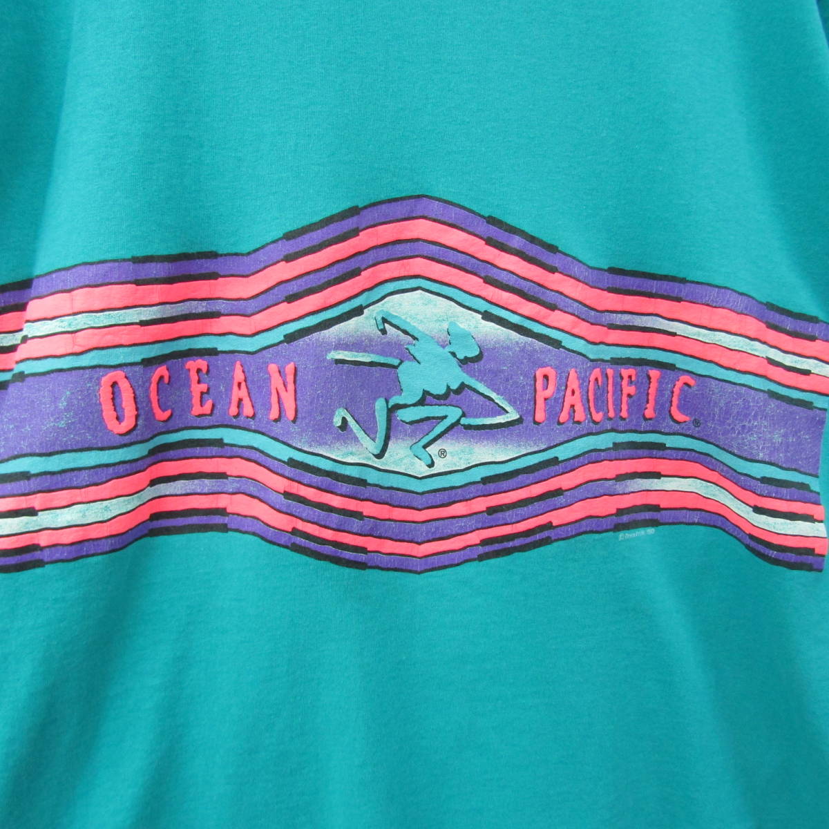 USA製 90s サイズ L OCEAN PACIFIC 両面 ライン プリント Tシャツ 半袖 シングル サーフ グリーン Op 古着 ビンテージ 2JU1313_画像5