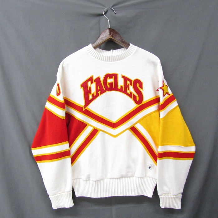 USA製 80s 90s サイズ 36 S~ VARSITY アクリル デザイン ニット セーター クラブ ワッペン EAGLES ホワイト系 古着 ビンテージ 2JU0817_画像2