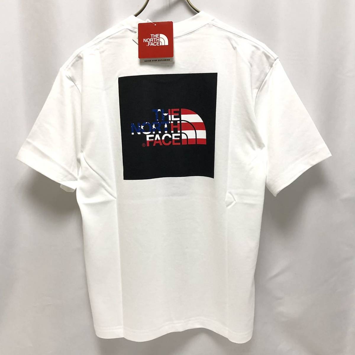 S 新品 廃盤 レア柄 ノースフェイス FLAG スクエア ロゴ Tシャツ 国旗柄 LOGO フラッグ 白 ホワイト 星条旗 ロゴT USA アメリカ 国旗