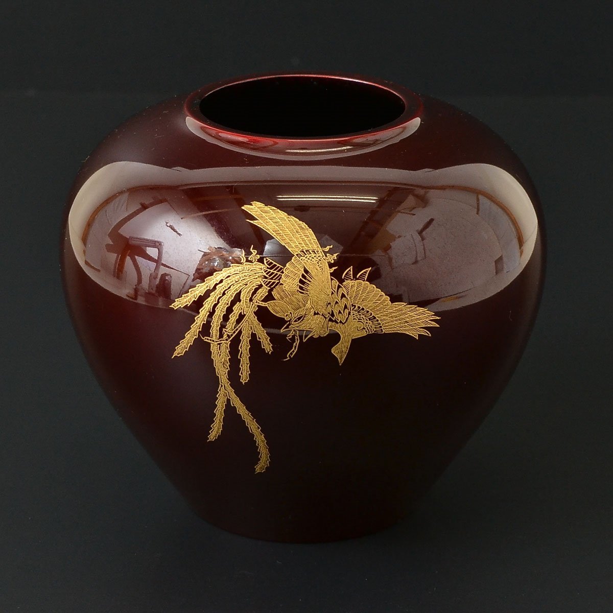 ●422428 玉虫塗 沈金鳳凰文 金胎花瓶 仙台工芸漆器 壺