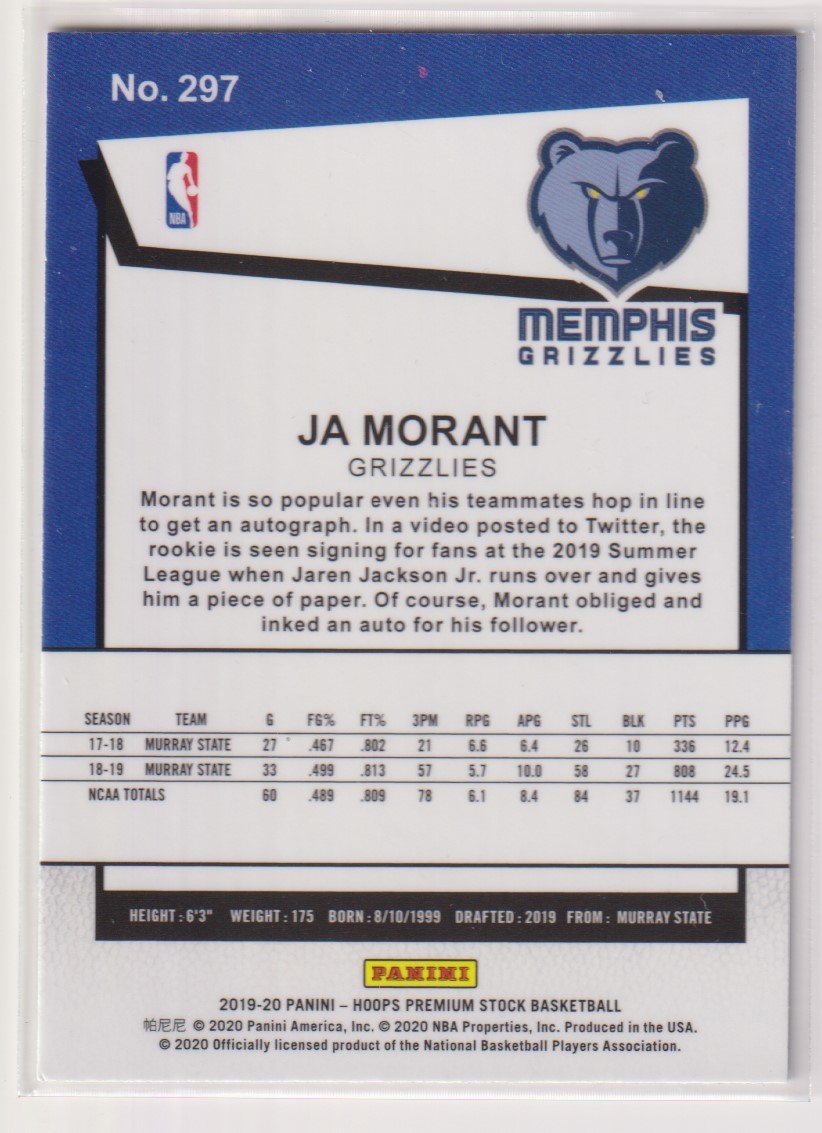 NBA JA MORANT ROOKIE CARD 2019-20 PANINI HOOPS PREMIUM STOCK No. 297 BASKETBALL GRIZZLIES ジャ・モラント グリズリーズ_画像2