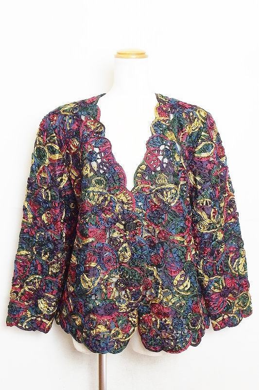都内で SHINKA　シンカ　薔薇模様織り　シルクリボンレース　ノーカラージャケット 日本製　LL マルチ LL XLサイズ以上