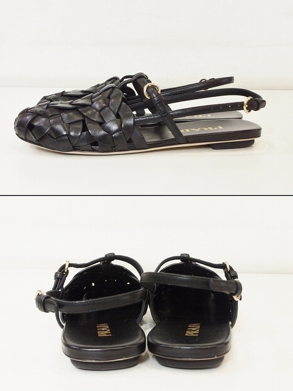 PRADA プラダ レザー フラット 編み込みサンダル 35.5 1S207M ブラック