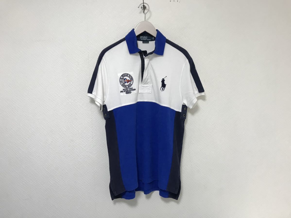 本物ポロラルフローレンPOLO RALPH LAURENビッグポニーハーフジップコットン半袖ポロシャツメンズミリタリーアメカジサーフ白ブルーM_画像1