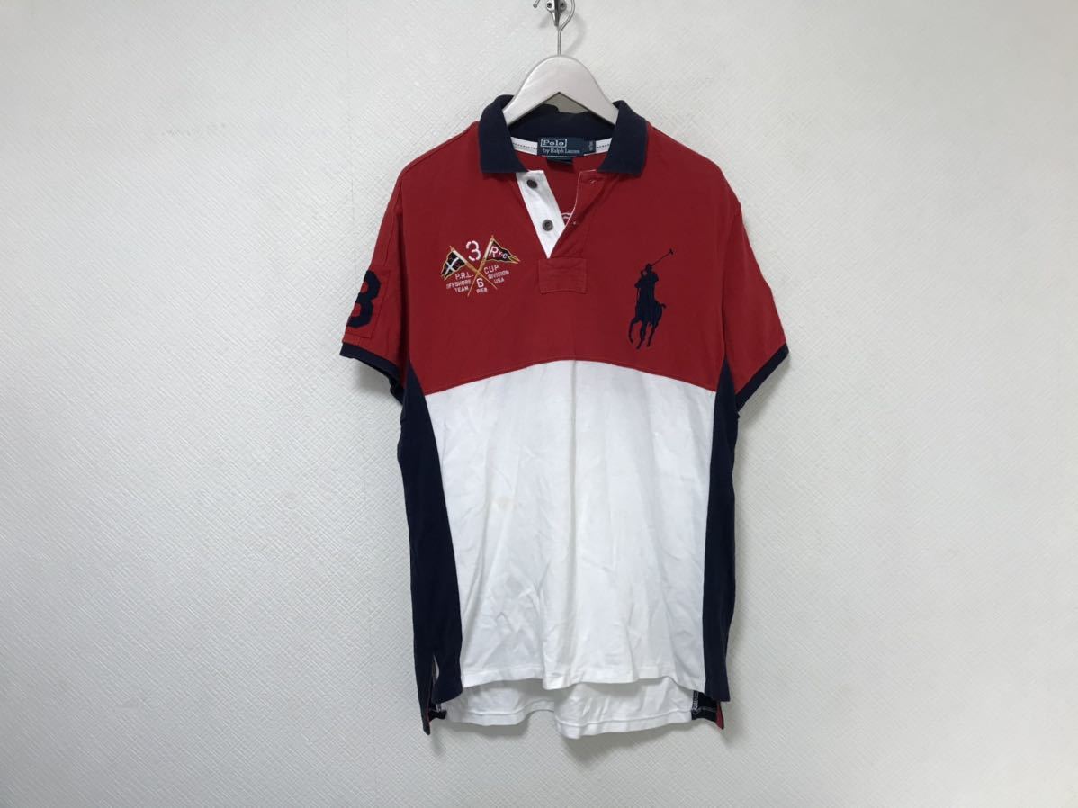 本物ポロラルフローレンPOLO RALPH LAURENビッグポニーナンバリングコットン半袖ポロシャツメンズミリタリーアメカジサーフ紺ネイビー赤白L