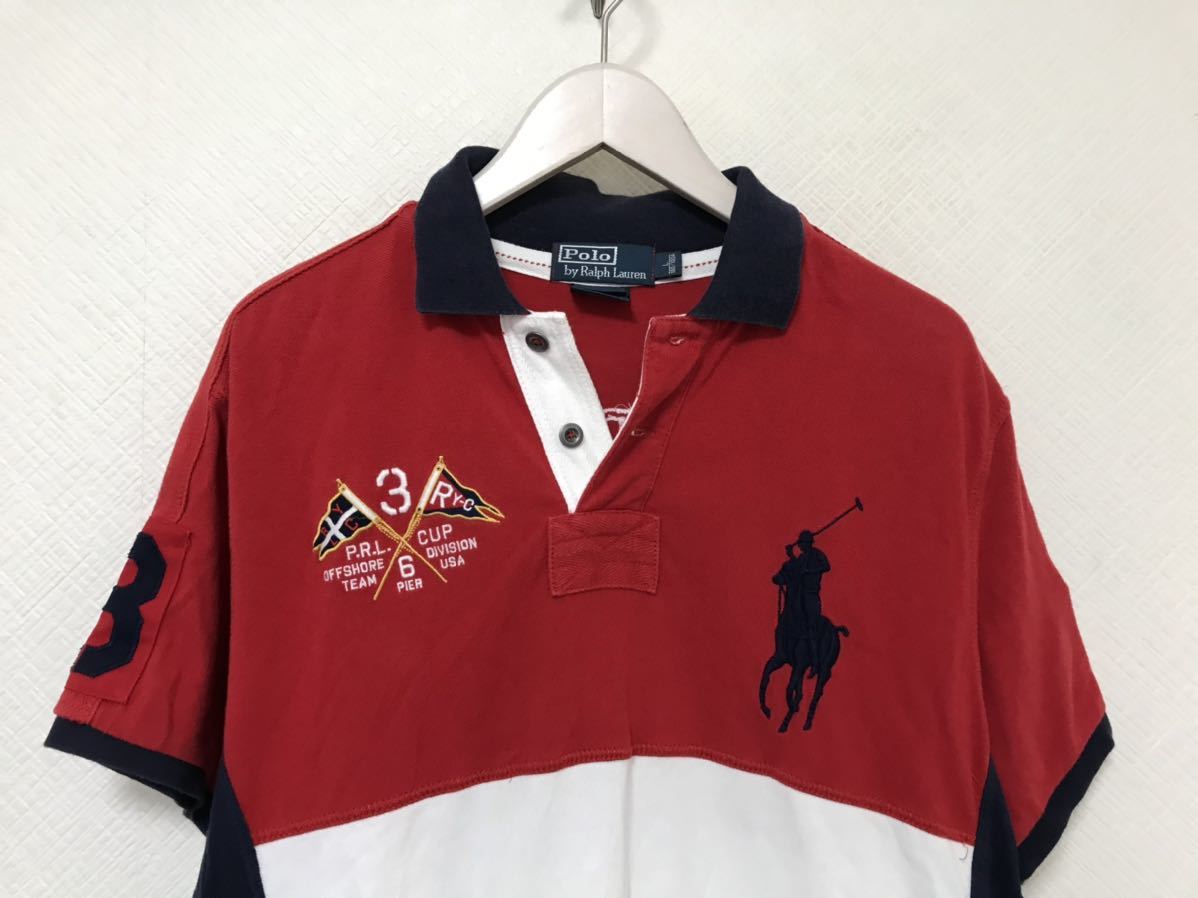 本物ポロラルフローレンPOLO RALPH LAURENビッグポニーナンバリングコットン半袖ポロシャツメンズミリタリーアメカジサーフ紺ネイビー赤白L