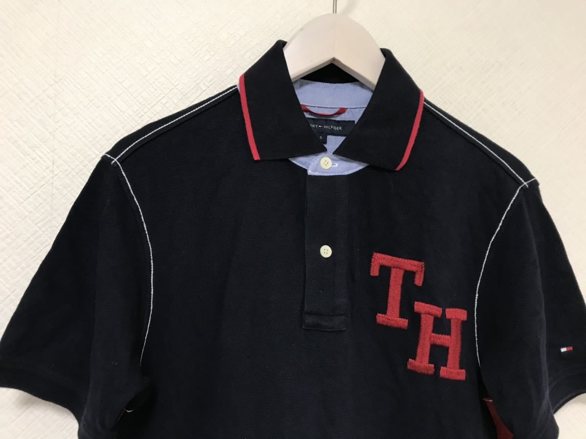 本物トミーヒルフィガーTOMMYHILFIGERコットン半袖ポロシャツメンズミリタリービジネススーツアメカジサーフ紺ネイビーS