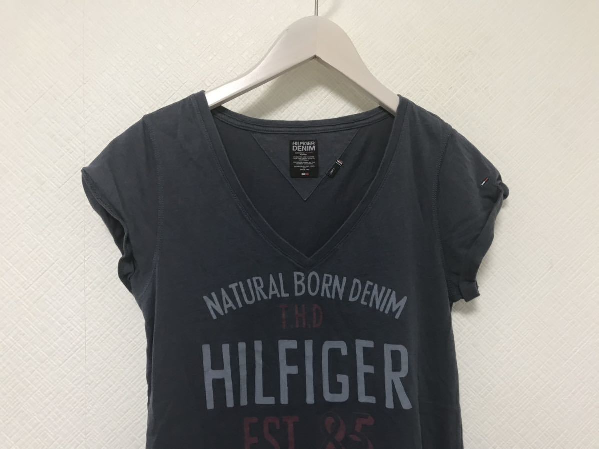 本物トミーヒルフィガーTOMMYHILFIGERコットンプリント Vネック半袖TシャツレディースビジネススーツアメカジサーフSブルーグレー_画像2