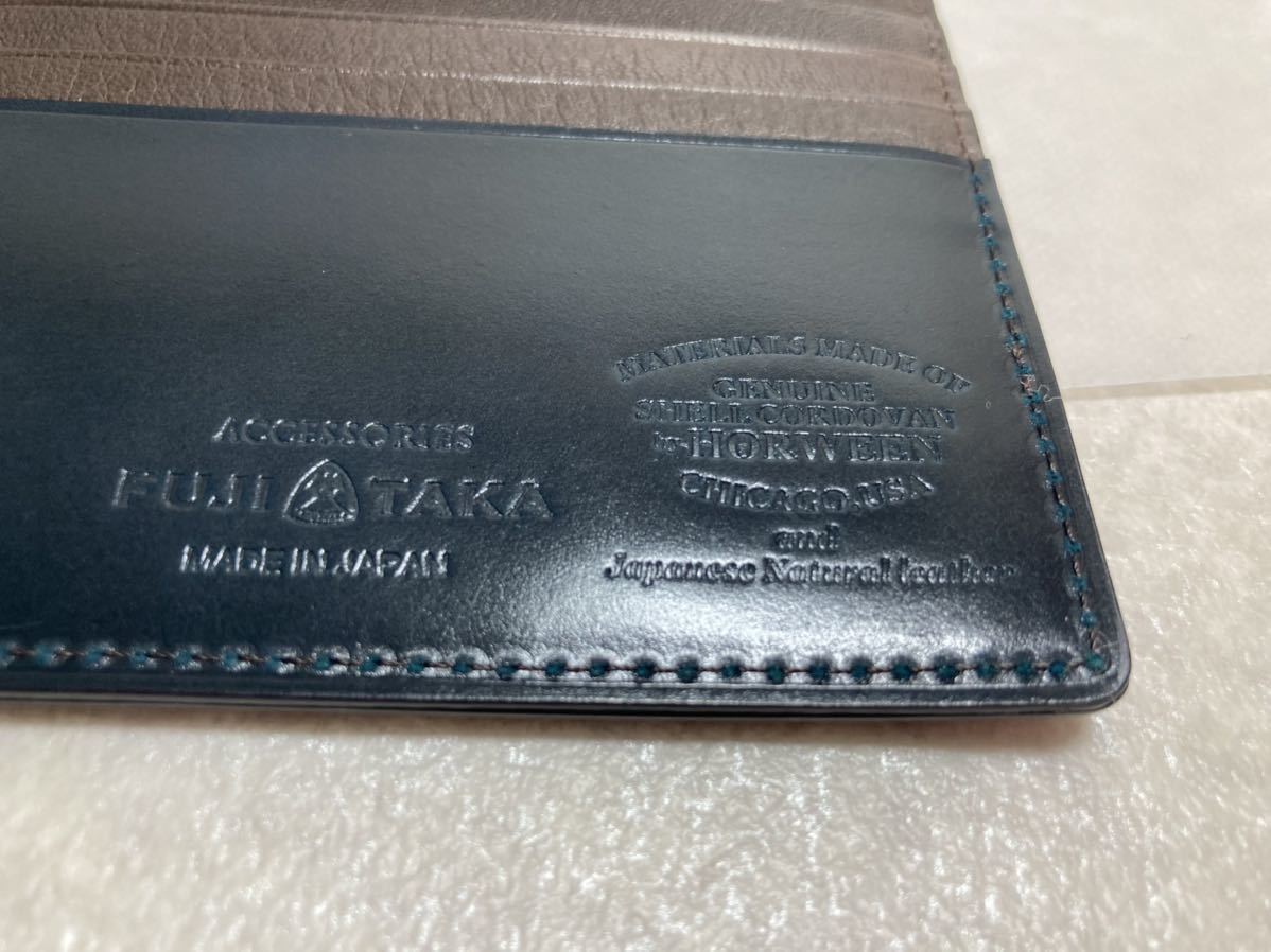 新品 FUJITAKAフジタカ(日) ホーウィンコードバン使用ロングウォレット/長財布 限定品日本製 緑がかった紺 定価８．６万円 