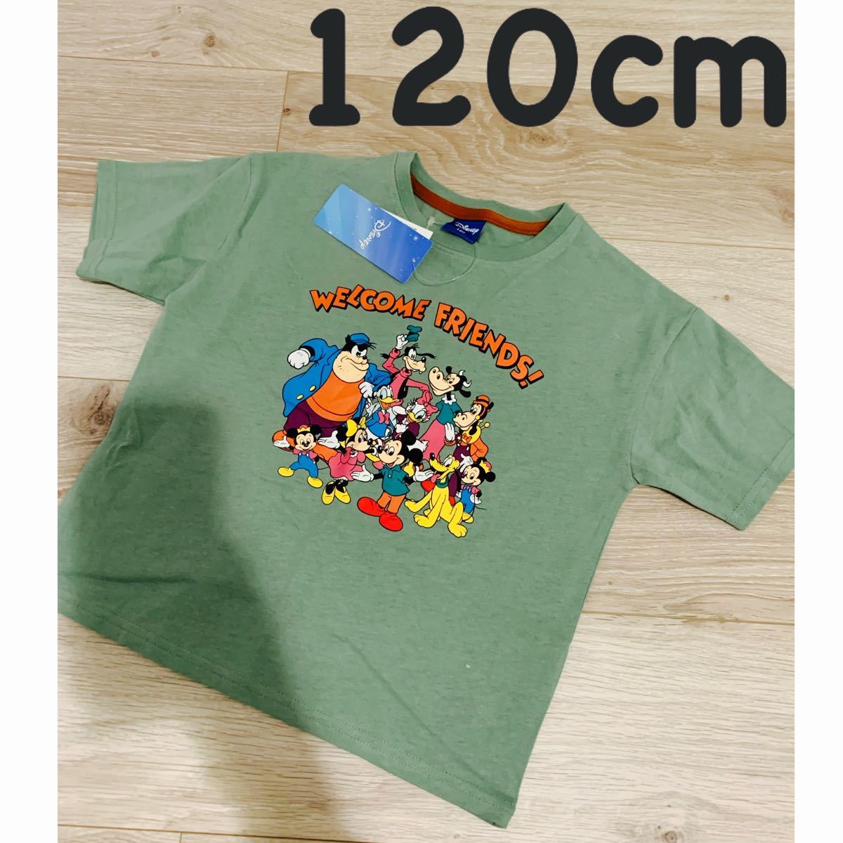 新品Disney●ディズニー レトロミッキーミニーウェルカムフレンズTシャツ くすみグリーン 120cm