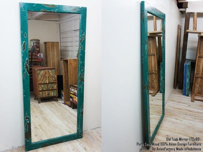 オールドチーク無垢材 姿見鏡 170cm×80cm アンティークブルー 青色 全身ミラー アジアン家具 送料無料