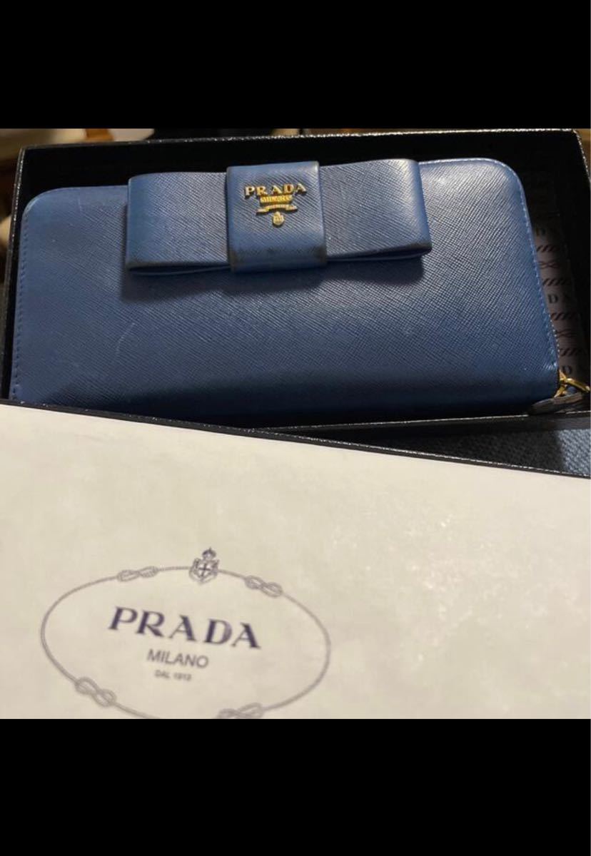 プラダ PRADA リボン ラウンドファスナー ブルー/サフィアーノレザー長