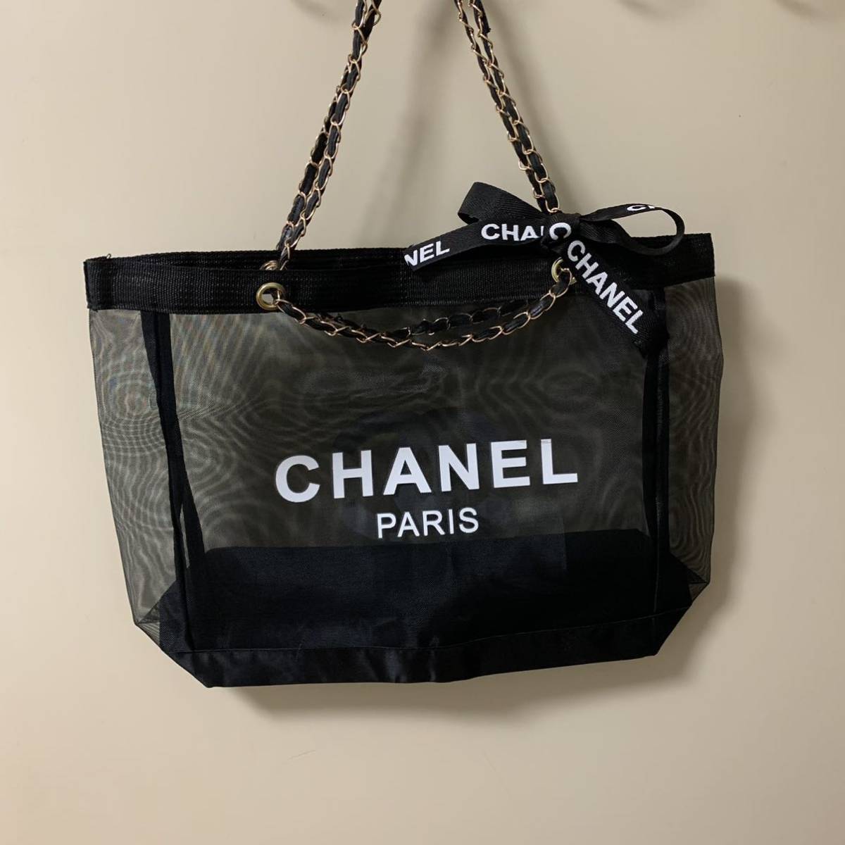 極美品 シャネル ノベルティ メッシュトートバッグ 大きめ CHANEL 黒