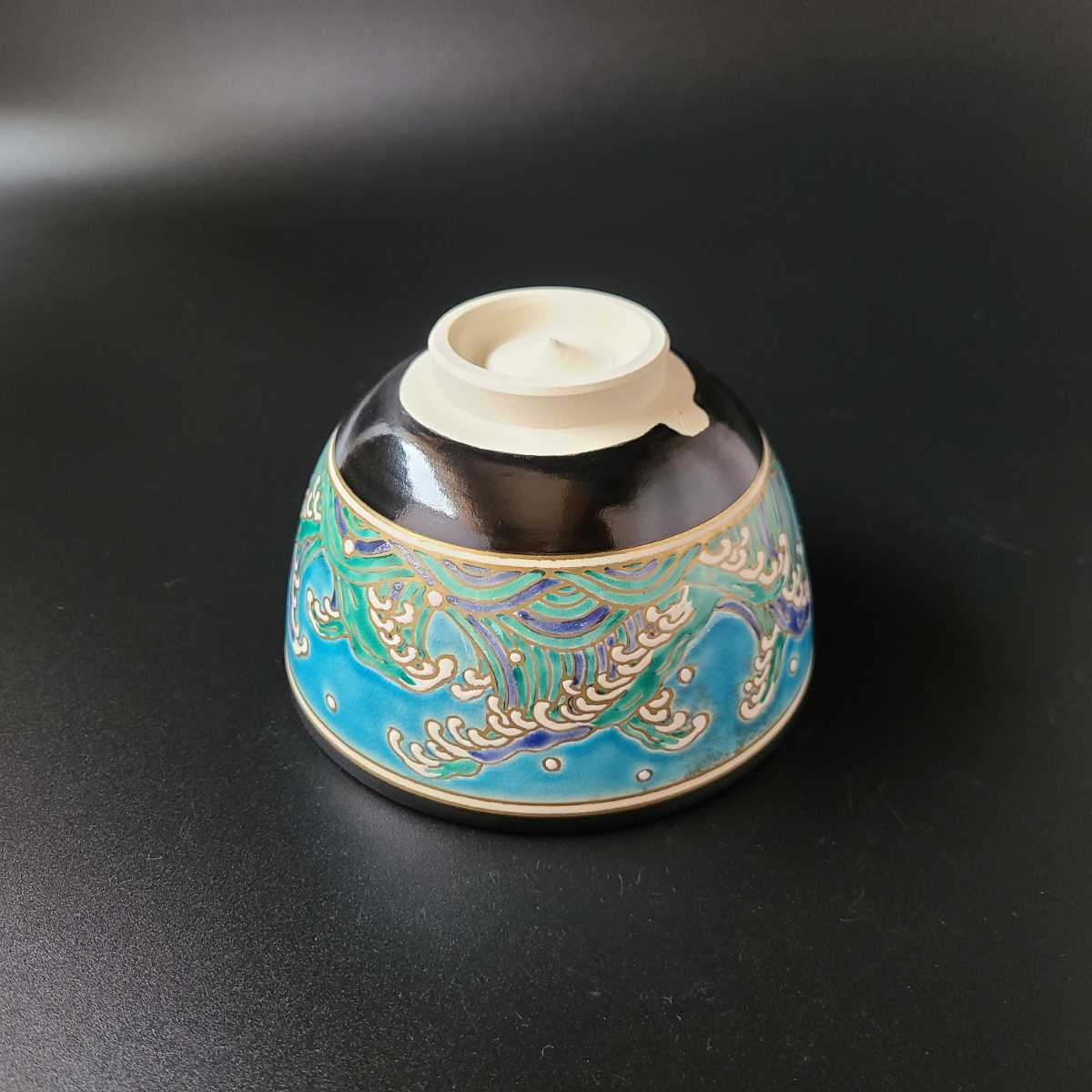 茶道具 黒仁清 波頭絵 茶碗 加藤浩一 共箱 京焼 波 海 夏 抹茶 加藤利