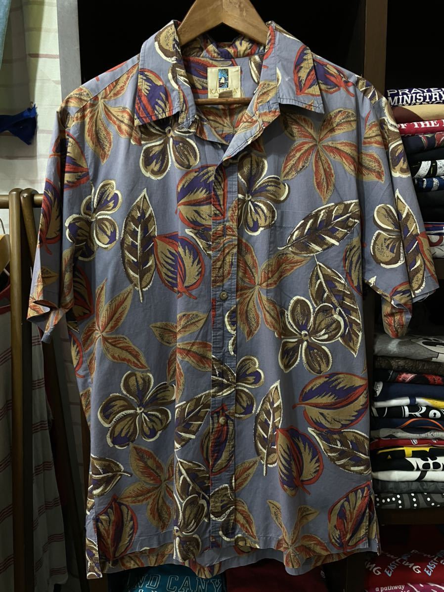★アロハシャツ リーフ柄 総柄 ブルーグレイ サックス made in Hawai Lの画像1