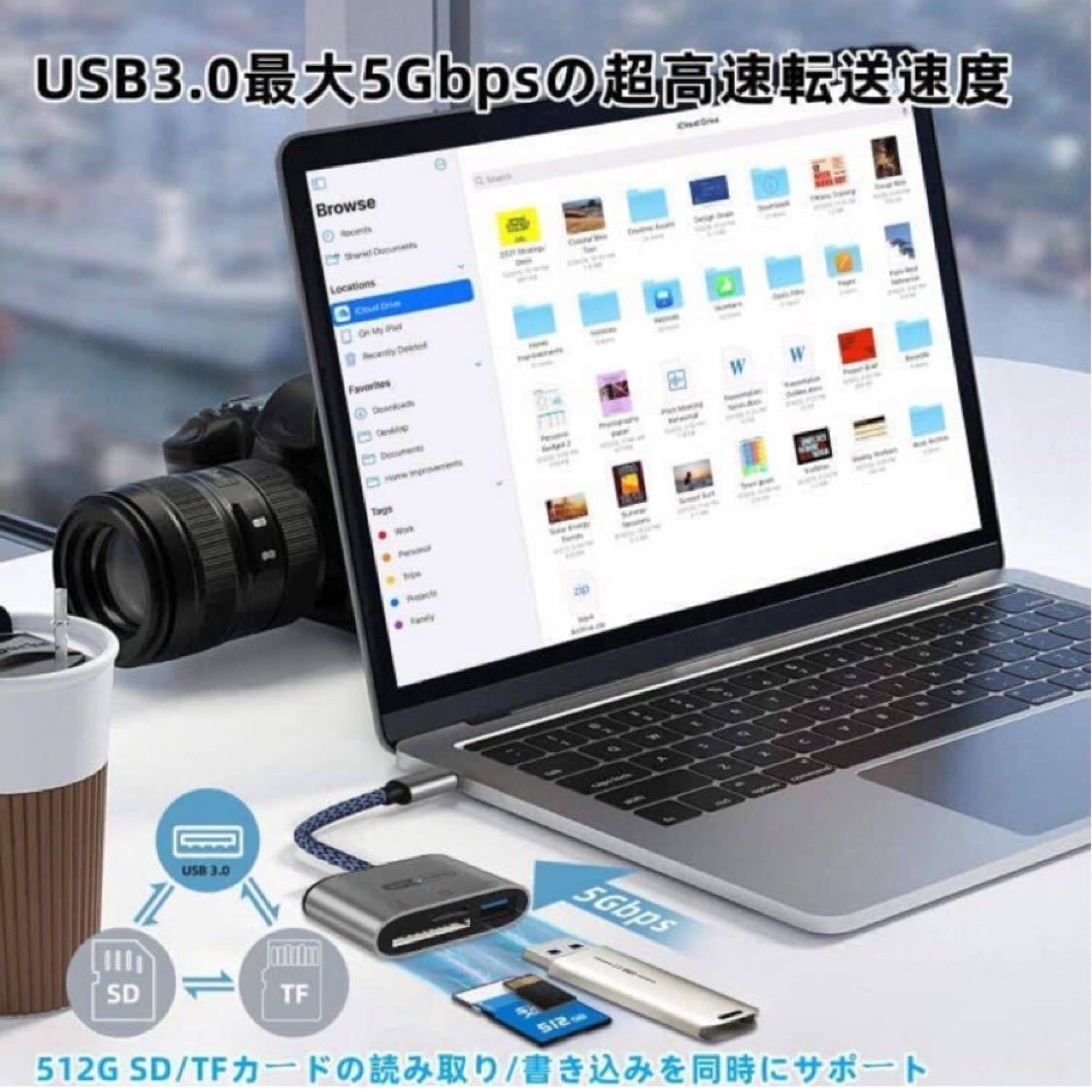 USB Type C SDカードリーダー3 in 1 USB 3.0カメラアダプタ 双方向5Gbps高速データ転送 SD / TFメモリーカードUSB OTG変換アダプタ(3in1)