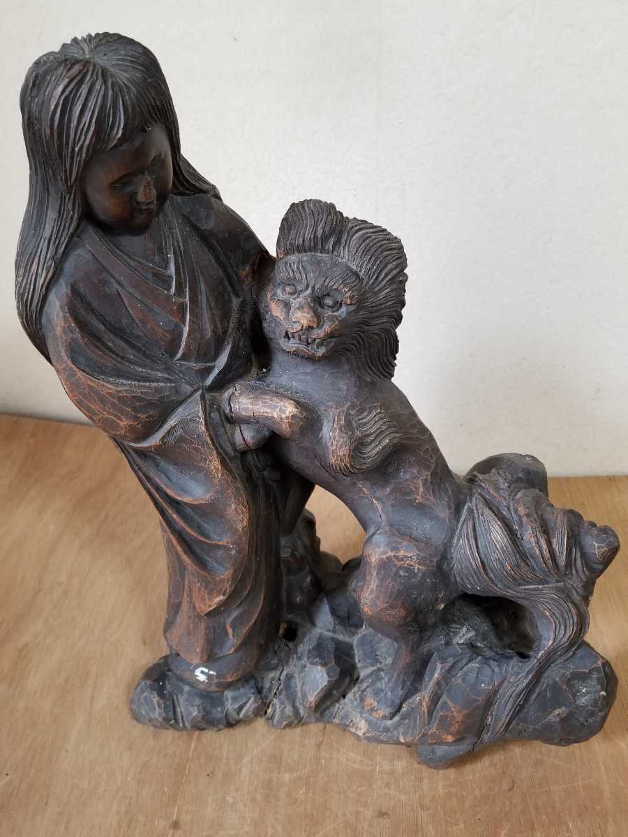 日本初の 昭和 木彫り ライオン 置物 アンティーク 木製 像 木工、竹