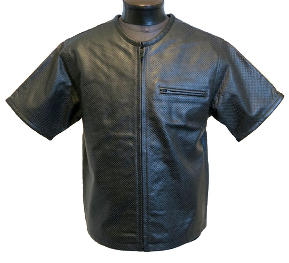 4Lサイズ 夏のライダース 牛革パンチングレザー シャツ メッシュ里地 3698 黒 ブラック BLACK 本革 半袖 サマージャケット メッシュレザー