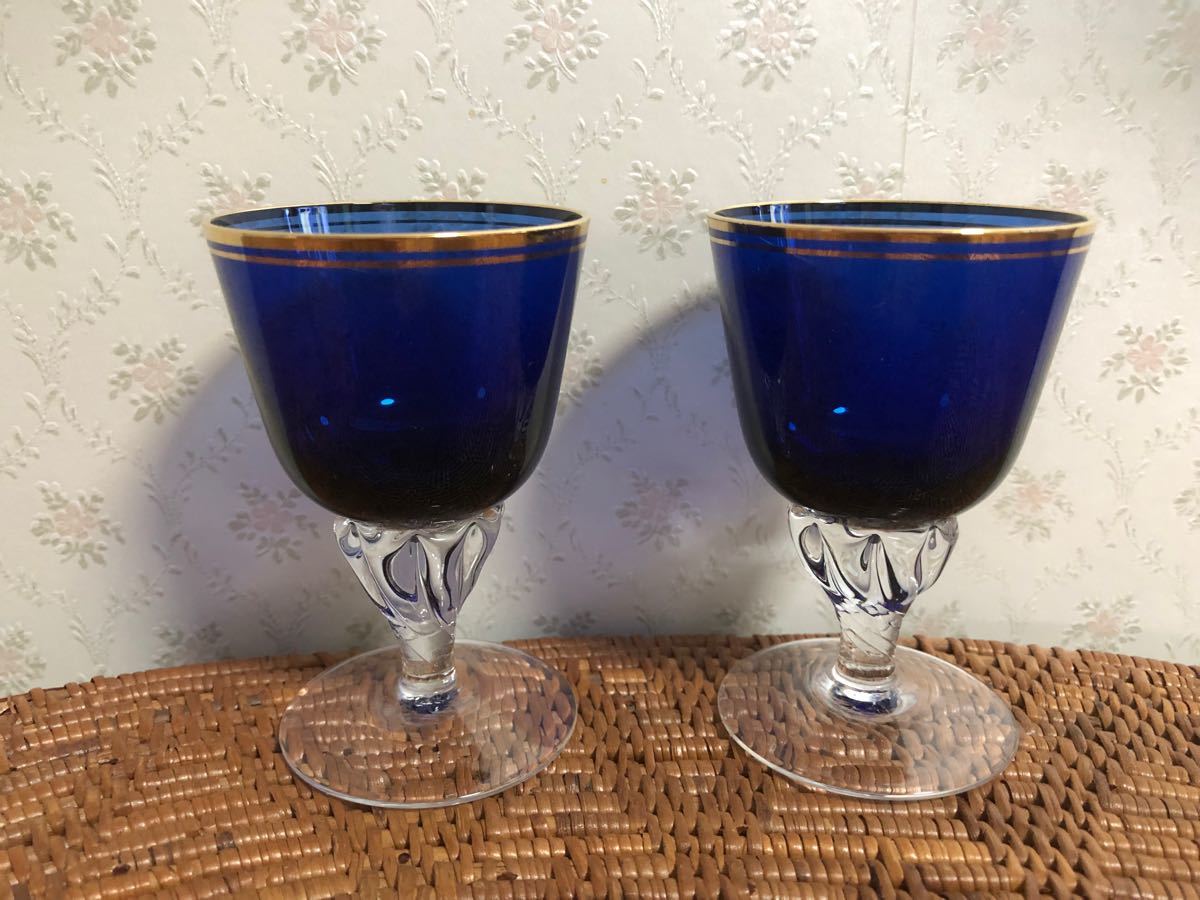 酒器 金縁 青 ガラス グラス ミニグラス 日本酒グラス ワイングラス 2個セット
