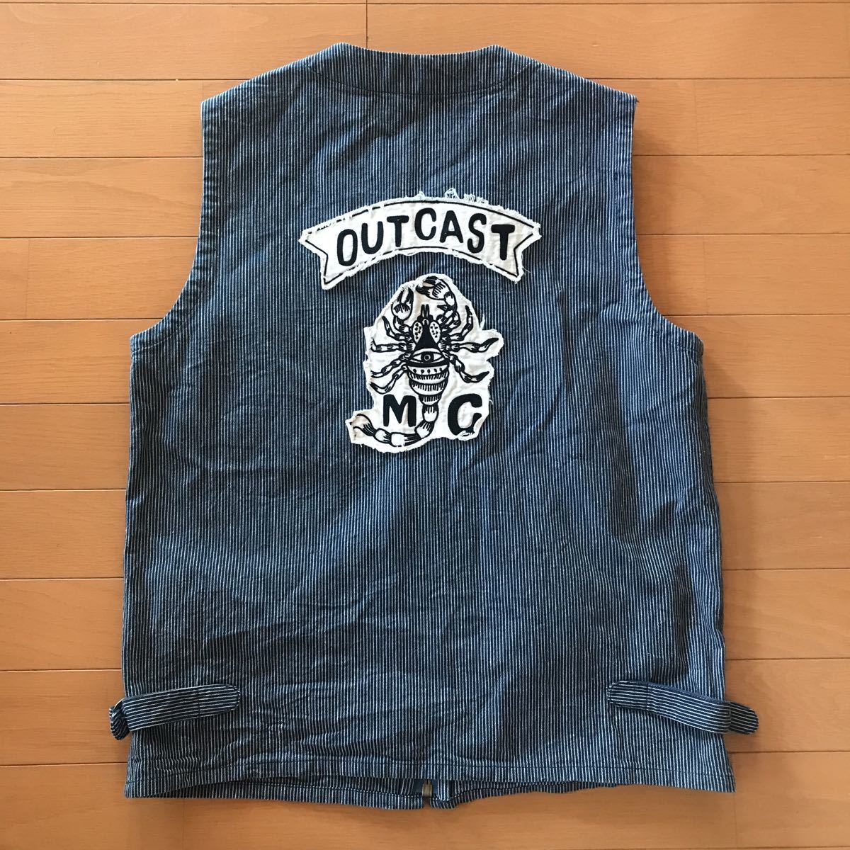 低廉 く908 ギャングスタービル 刺繍 リジット デニムベスト L 紺