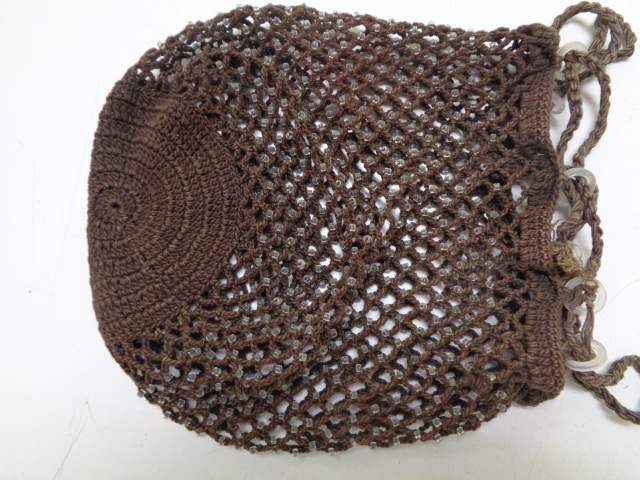 c148-60 昭和レトロ 手編み ビーズ 巾着 茶色 アンティークの画像5