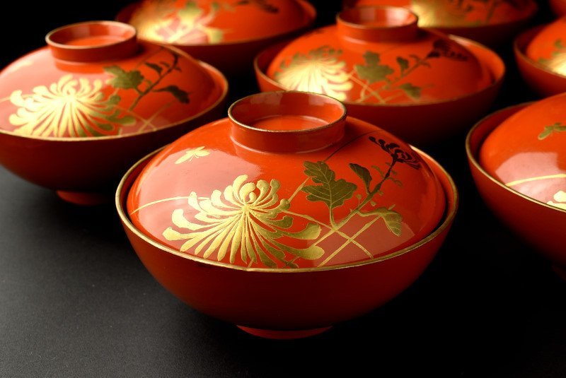 2021新入荷 木製漆器 吸物椀 汁椀 菊花文蒔絵 十客 懐石道具