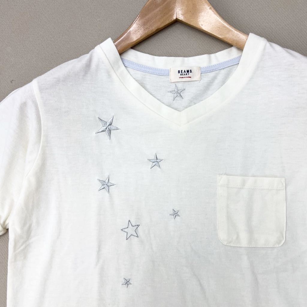  Beams Heart * BEAMS HEART lady's short sleeves T-shirt V neck cut and sewn star Star embroidery eggshell white F size feel of highest!#S166