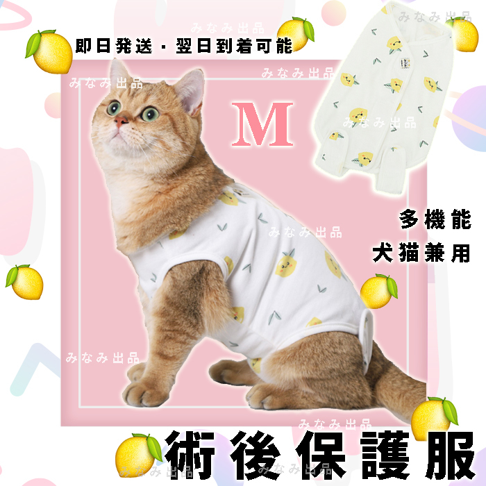 【レモン柄M】猫犬 術後服 離乳避妊手術 皮膚保護雌 エリザベスカラー エリザベスウェア　イエロー