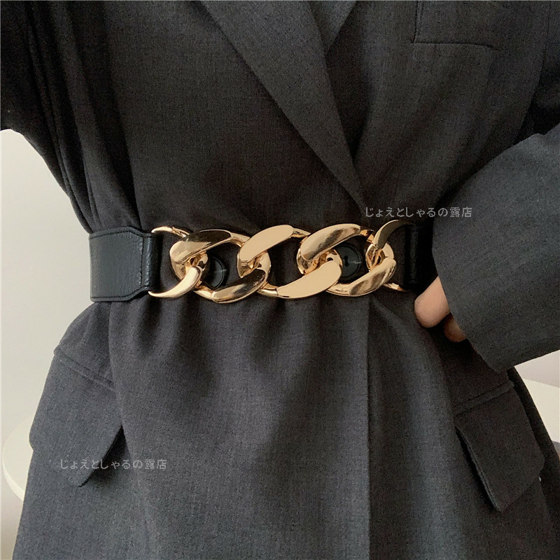 [ Gold ] lady's belt rubber chain belt waist Mark pu gold color metal fittings 