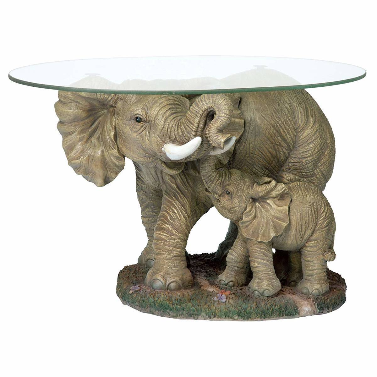 象の親子 彫刻台座 ガラストップ コーヒーテーブル アフリカ装飾彫像/ アフリカン エスニックカフェ（輸入品）_画像2