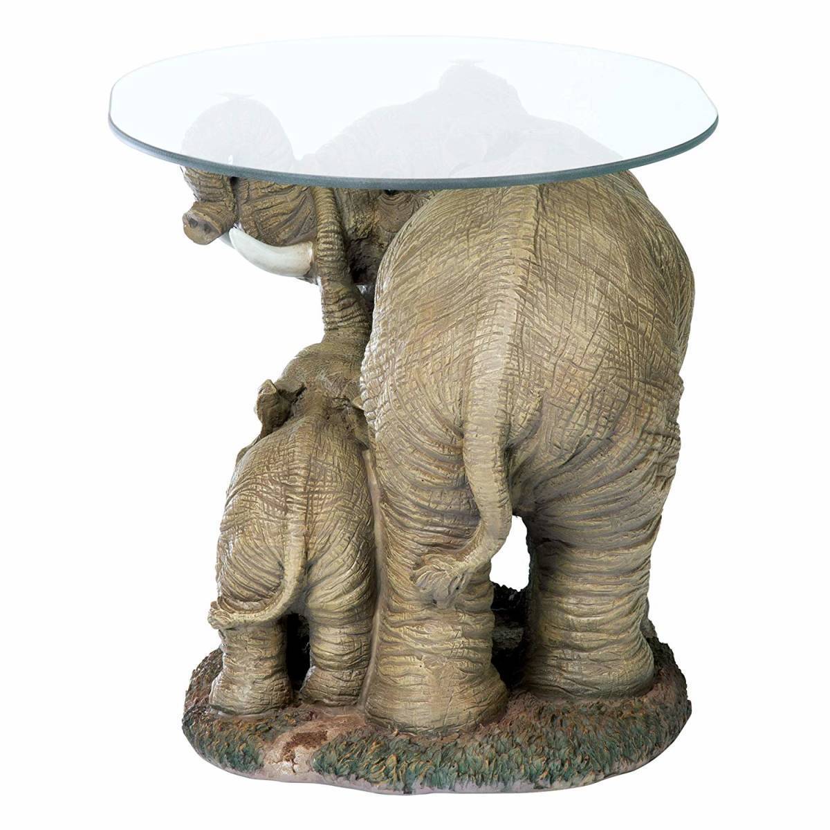 象の親子 彫刻台座 ガラストップ コーヒーテーブル アフリカ装飾彫像/ アフリカン エスニックカフェ（輸入品）_画像4