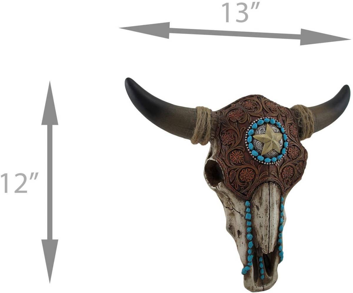 装飾模様がプレスされたレザーのようなカバーが付いたサウス・ウエスト 雄牛 頭骸骨 壁彫刻（輸入品）_画像4