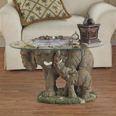 象の親子 彫刻台座 ガラストップ コーヒーテーブル アフリカ装飾彫像/ アフリカン エスニックカフェ（輸入品）
