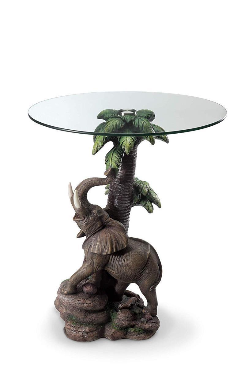象（ゾウ）の台座が付いた、ガラストップ・テーブル エンド・テーブル-動物カラー彫刻 彫像（輸入品_画像1