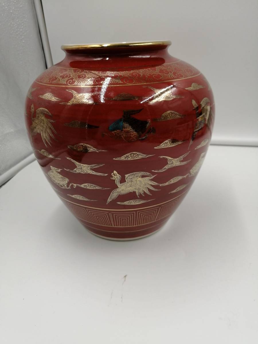 陶器九谷焼花瓶共箱付色絵花器縁起物結婚記念昭和58年3月中古品保管品