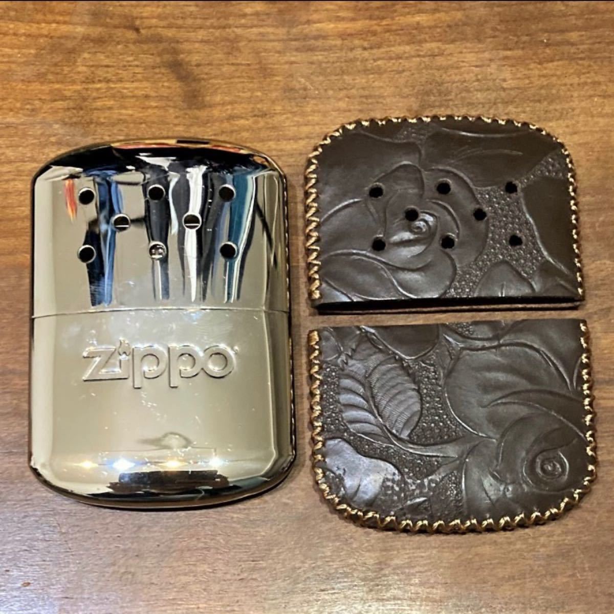 [本革] zippo ハンディウォーマー用 レザーカバー ボタニカル柄型押し ブラウン