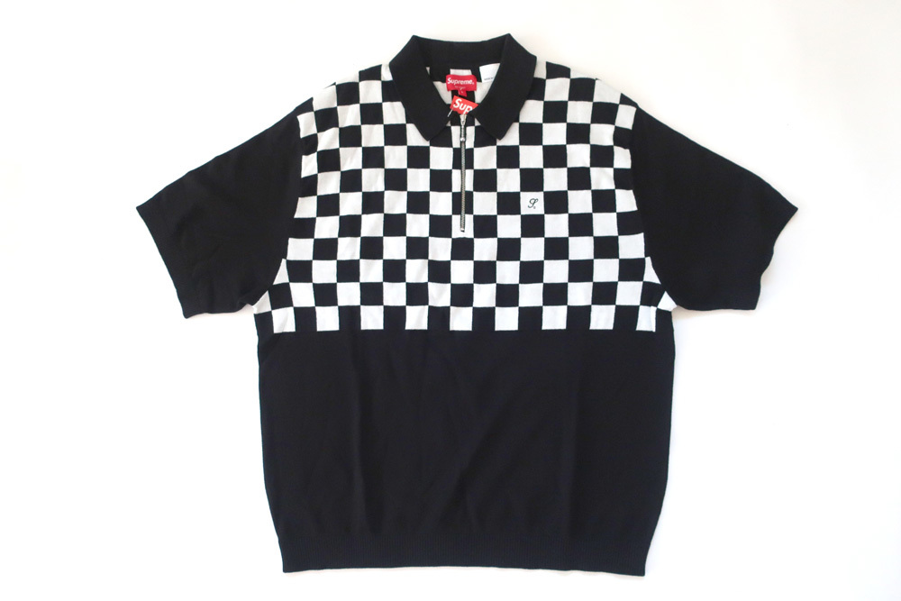 (L)Supreme Checkerboard Zip Poloシュプリームチェッカーボード半袖ポロシャツ黒